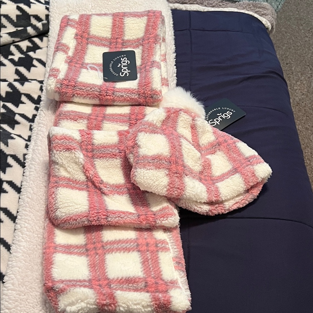 Pink and White Plaid Fleece Scarf and Hat Set